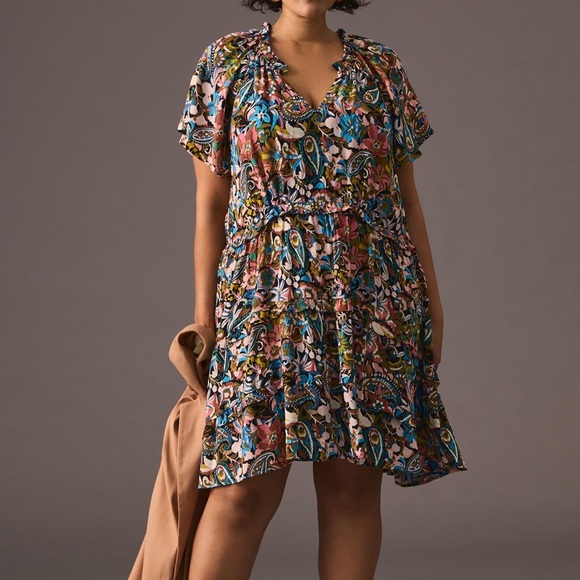Anthropologie Robin Tiered Floral new Mini Boho Elegant Summer Vacation Dress S - Picture 7 of 17